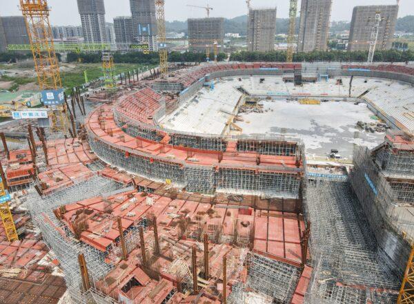 Under-construction Guangzhou Evergrande football stadium in China's southern Guangdong Province on Sept. 17, 2021. (STR/AFP)