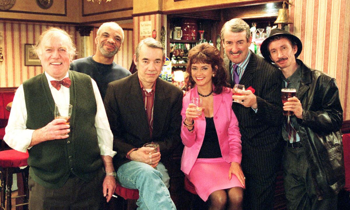 Handout picture issued on Dec. 23, 2001 from BBC picture publicity of Sid (Roy Heather), Denzil (Patrick Barber),Trig (Roger Lloyd Pack), Marlene (Sue Holderness), Boycie (John Challis) and Mickey Pearce (Patrick Murray) in the Christmas Day special of Only Fools and Horses. (BBC via PA)