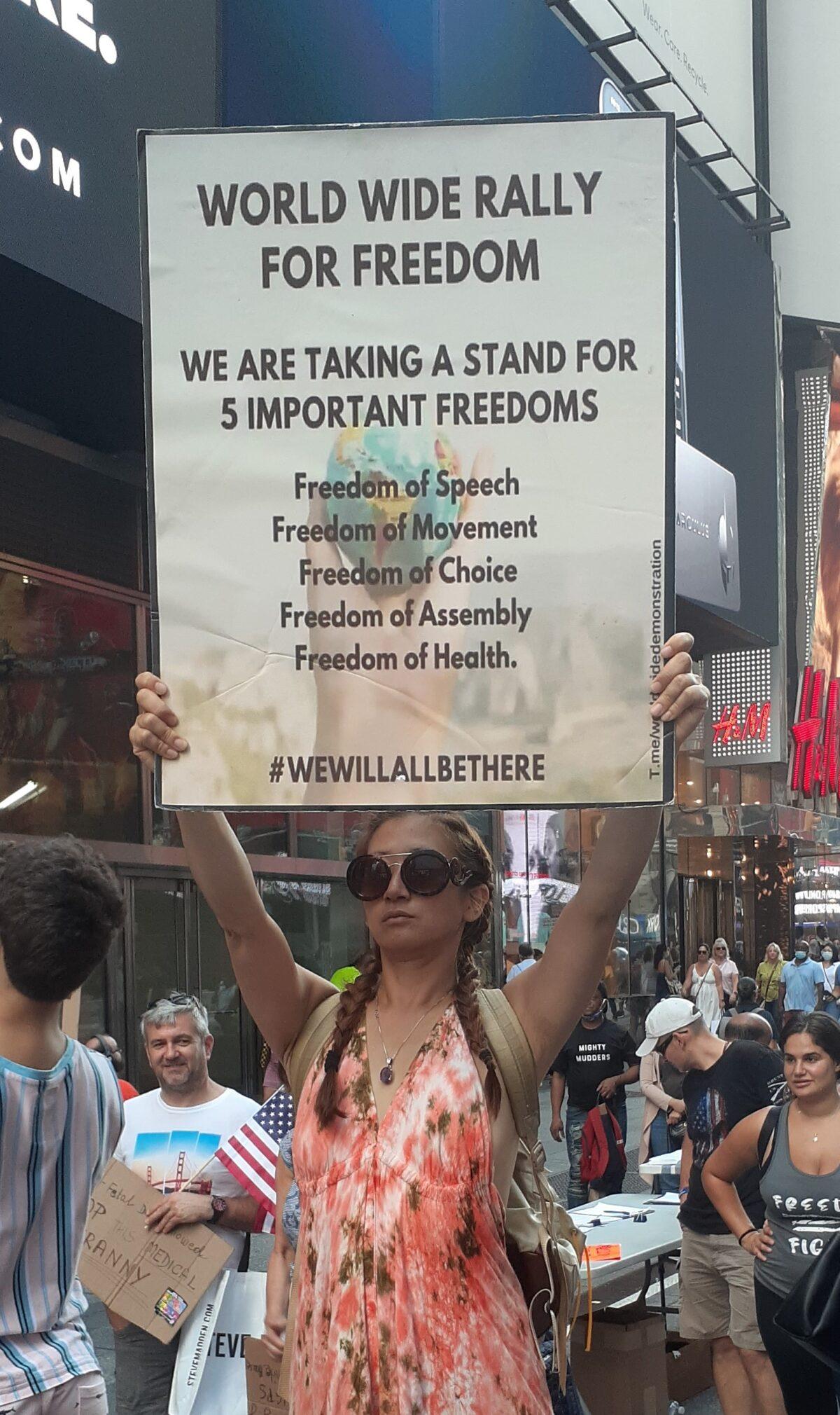 Participants at the Freedom Rally at Times Square in Manhattan on Sept. 18, 2021. (The Epoch Times)