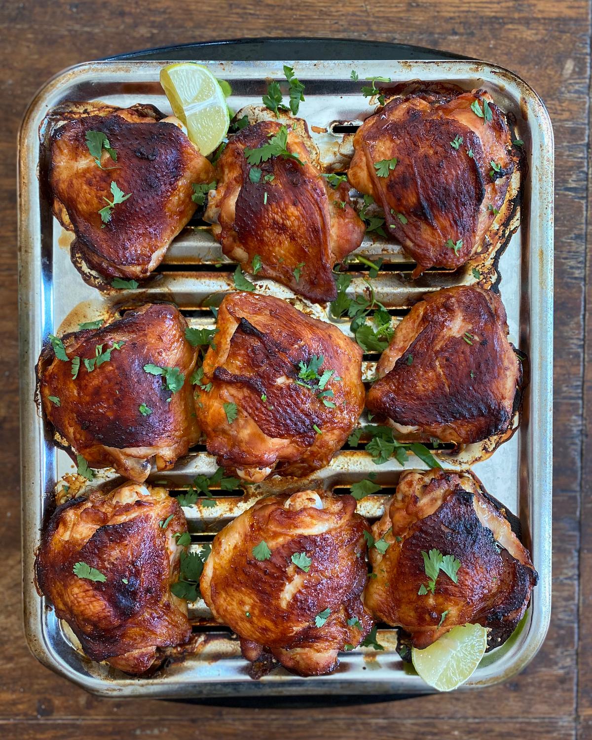 A marinade of fiery gochujang, soy sauce, lime juice, brown sugar, and ginger gives these chicken thighs a balance of salt, sweet, acid, and heat. (Lynda Balslev for Tastefood)
