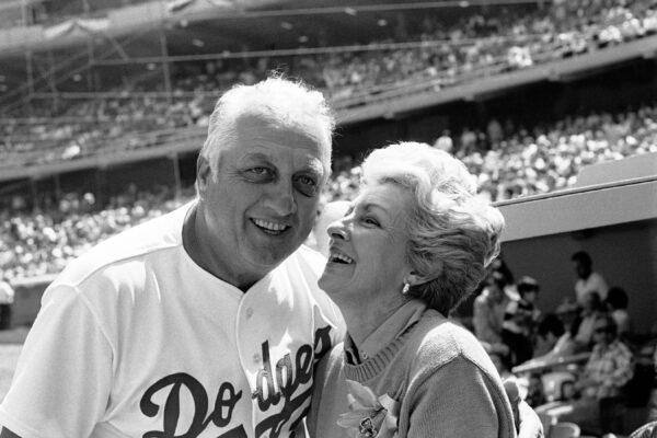 Tommy Lasorda and his wife Jo at the Los Angeles Dodgers baseball stadium in Los Angeles on April 4, 1984. (Lennox Mclendon/AP Photo)