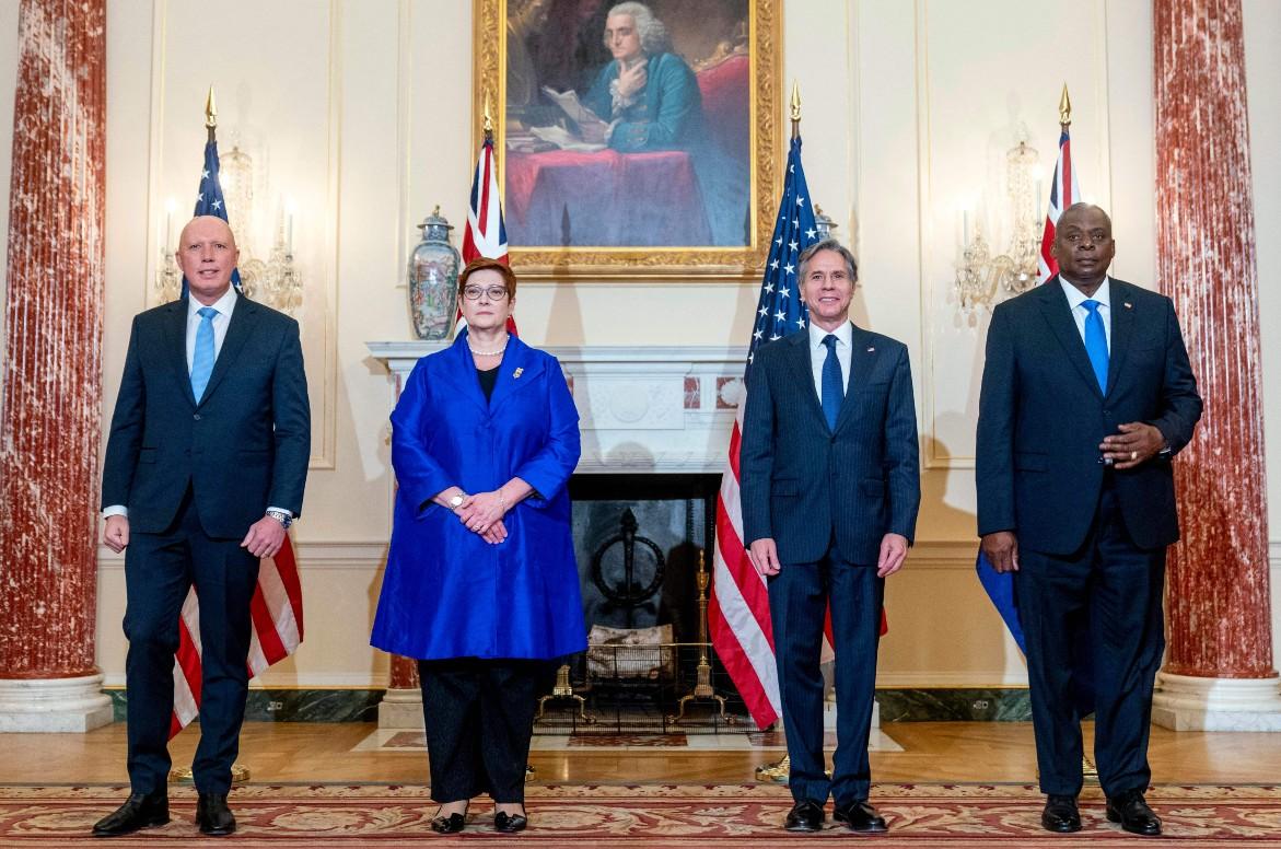 (L-R) Australian Defense Minister Peter Dutton, Foreign Minister Marise Payne, U.S. Secretary of State Antony Blinken, and Defense Secretary Lloyd Austin pose for a group photograph at the State Department in Washington on Sept. 16, 2021. (Andrew Harnik/Pool/AFP via Getty Images)