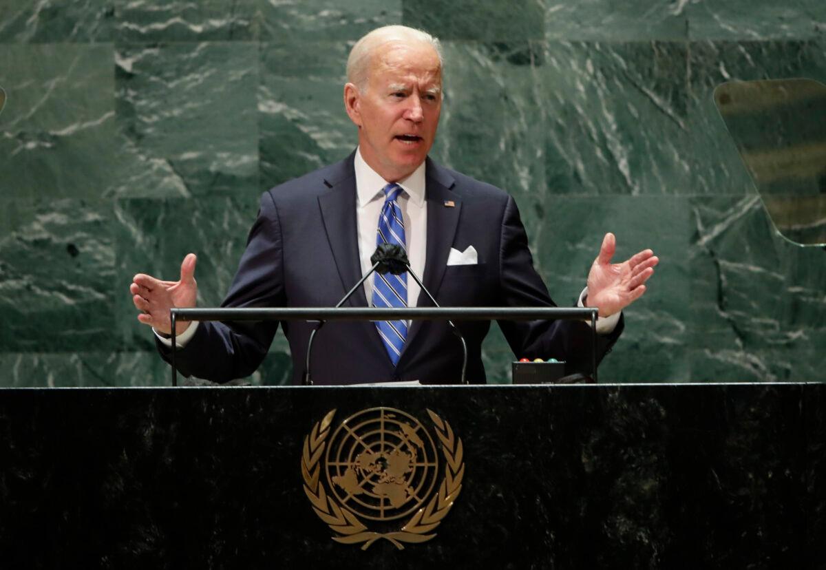 U.S. President Joe Biden speaks during the 76th Session of the United Nations General Assembly at U.N. headquarters in New York on Sept. 21, 2021. (Eduardo Munoz/Pool Photo via AP)