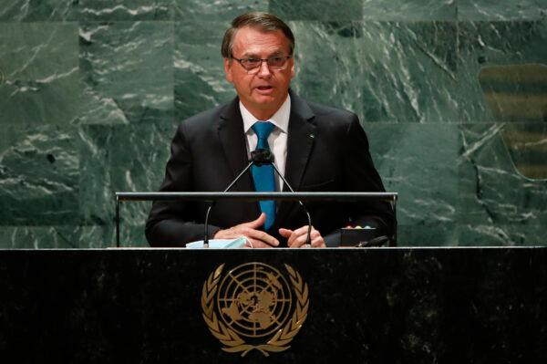 Brazil's President Jair Bolsonaro addresses the 76th Session of the U.N. General Assembly at U.N. headquarters in New York on Sept. 21, 2021. (Eduardo Munoz-Pool/Getty Images)