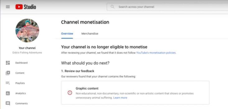 Notification to Gido's Fishing Adventures that their channel was demonetised (Screenshot provided to The Epoch Times)