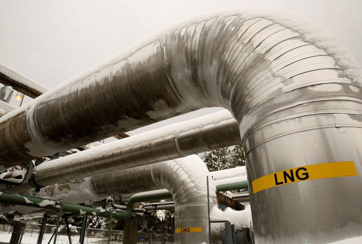 Snow-covered transfer lines at the Dominion Cove Point Liquefied Natural Gas (LNG) terminal in Lusby, Md., on March 18, 2014. (Gary Cameron/Reuters)