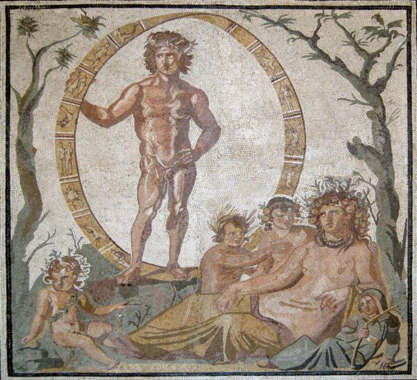 The parents of Mnemosyne were Uranus, the god of heaven (who is standing inside a celestial sphere) and Mother Earth, or Gaea. She is shown with four children, who possibly represent the four seasons. Part of a large floor mosaic from a Roman villa in Sentinum (now known as Sassoferrato, in Marche, Italy), circa 200–250. (Public Domain)