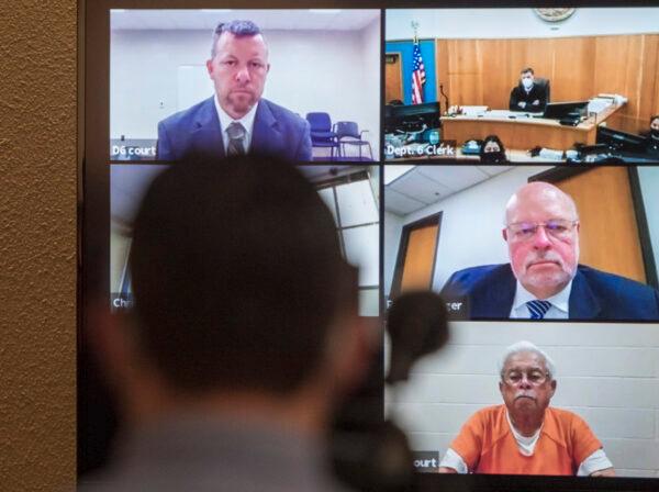 Defendants Paul Flores, top left, and his father, Ruben Flores, bottom right, appear via video conference during their arraignment in San Luis Obispo Superior Court in San Luis Obispo, Calif. on April 15, 2021. (Nic Coury/AP Photo File)