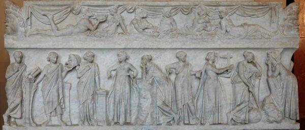 Memory bore the nine Muses. A sarcophagus known as the "Muses Sarcophagus," shows the nine Muses and their attributes. Marble, first half of the 2nd century A.D. Albani Collection, then Musei Capitolini; seized by Napoleon Bonaparte; exchanged in 1815; Louvre. (Public Domain)