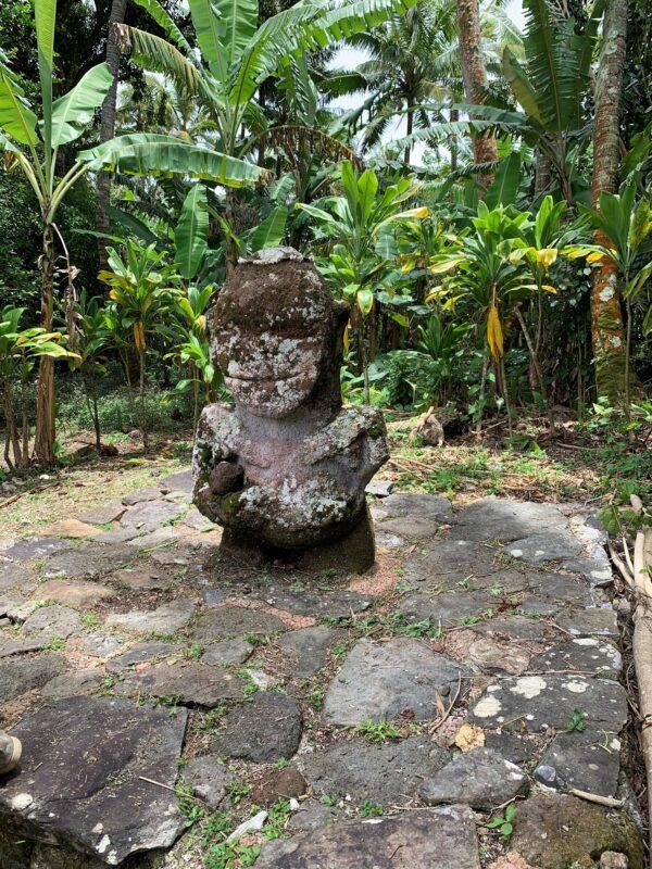 An ancient stone statue from Raivavae, one of the Austral Islands in French Polynesia, is seen on display in Tahiti in 2018. (Alexander Ioannidis/Handout via Reuters)