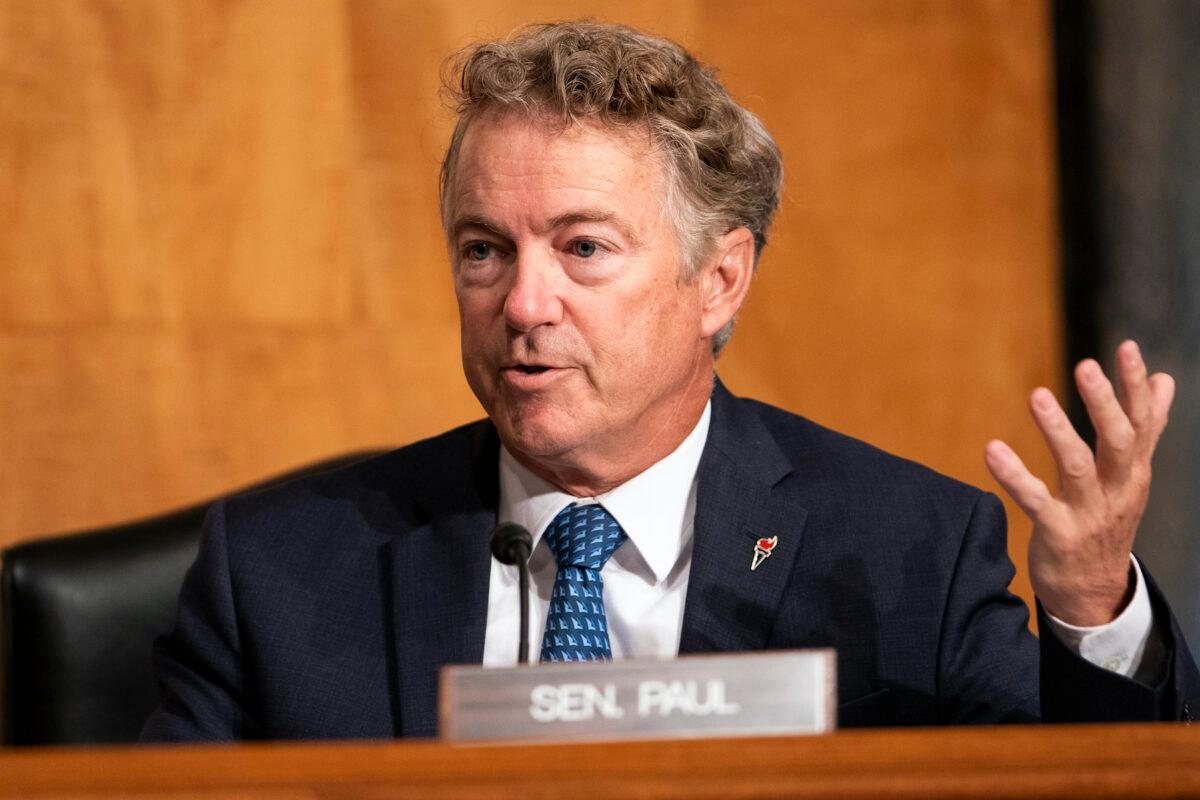Sen. Rand Paul (R-Ky.) asks questions during a congressional hearing at the U.S. Capitol in Washington on Sept. 21, 2021. (Greg Nash/Pool/Getty Images)