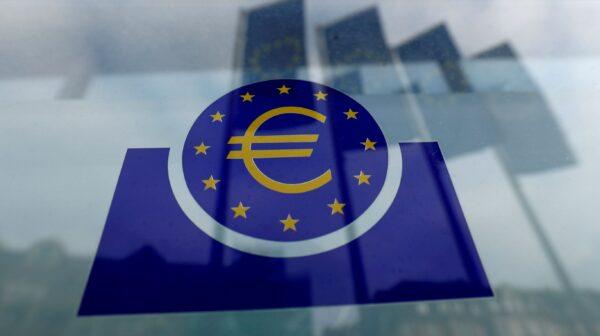 The European Central Bank (ECB) logo in Frankfurt, Germany on Jan. 23, 2020. (Ralph Orlowski/Reuters)