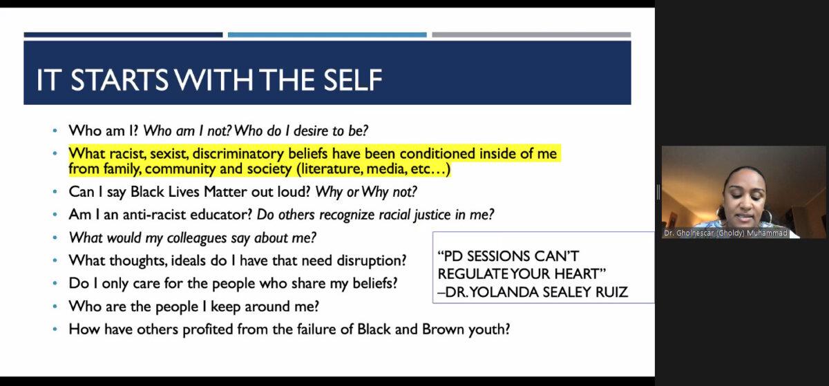 A screenshot from a webinar held on Sept. 20, 2021, suggesting questions for Florida educators to ask themselves to promote critical race theory in schools. Patricia Tolson/Epoch Times