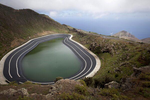 Picture shows the reservoir of the Gorona wind-hydro-pumped station on the Spanish Canary island of El Hierro in Spain on Mar. 14, 2016. (Desiree Martin/AFP via Getty Images)