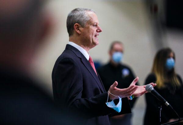 Massachusetts Governor Charlie Baker speaks to the press at the Hynes Convention Center FEMA Mass Vaccination Site on March 30, 2021, in Boston, Massachusetts. (Erin Clark/Getty Images)