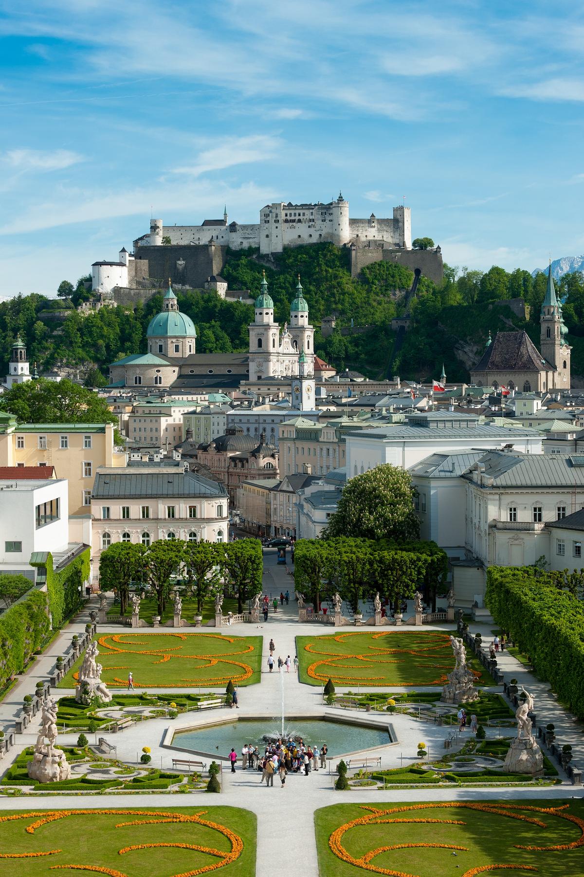 Mirabell Gardens, where "The Sound of Music" was partly shot, with Fortress Hohensalzburg in the background. (SalzburgerLand Tourism)
