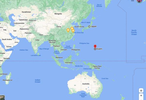 Australia, Guam and Japan, which are forming a military stronghold against Beijing’s maritime ambition to reach the Pacific Ocean, taken on Sept. 23, 2021. (Screenshot via Google maps)