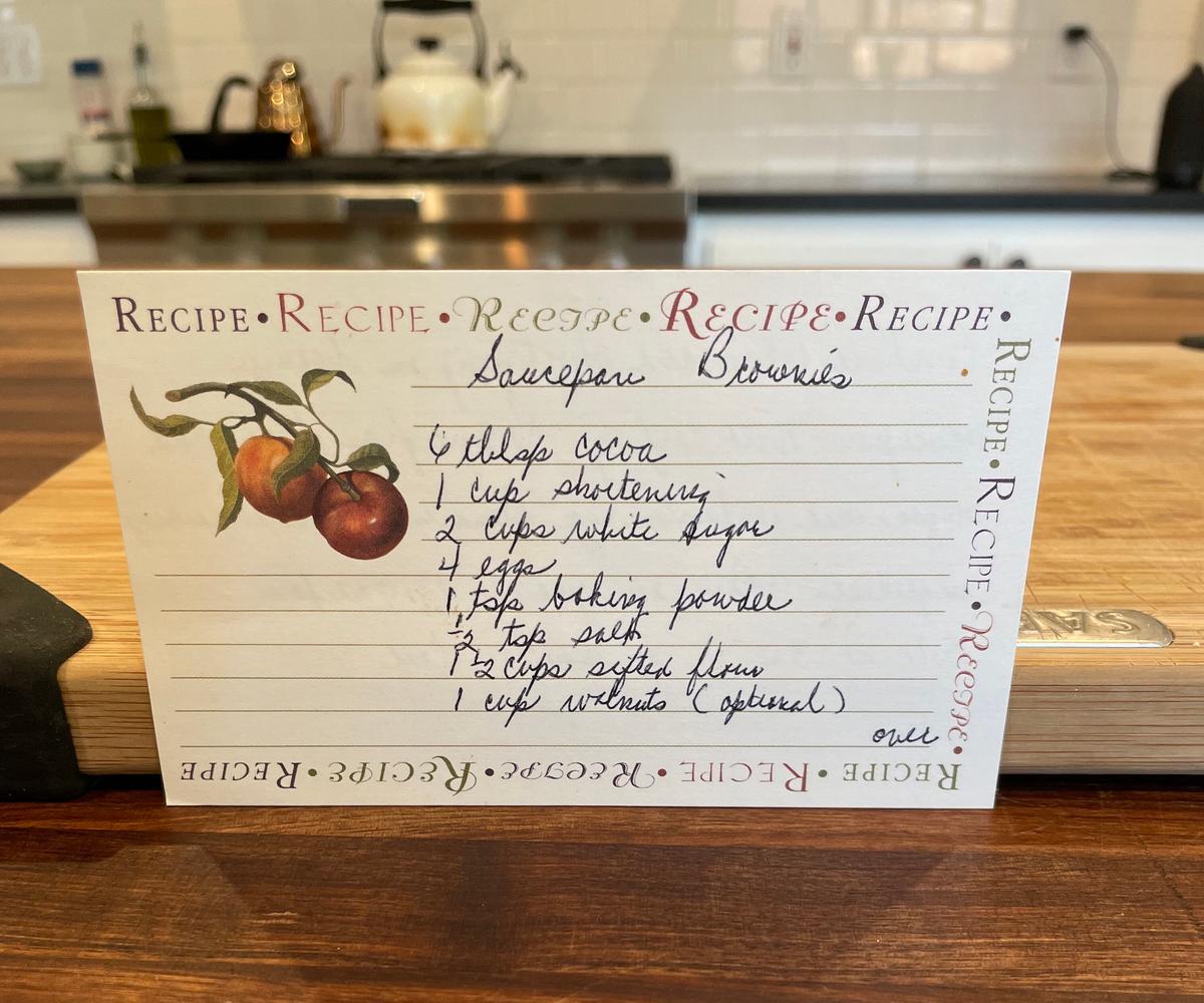 Grandma's "Saucepan Brownies" recipe card. (Courtesy of Megan Baker)