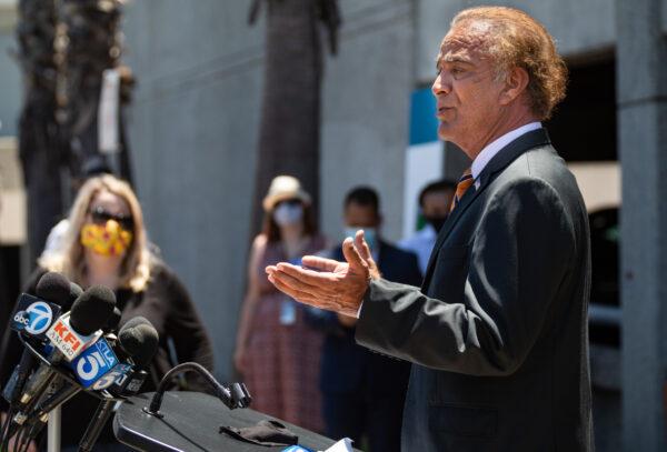 Anaheim Mayor Harry Sidhu speaks at the opening of a new COVID-19 testing site on July 15, 2020. Sidhu pleaded guilty last year to obstruction of justice, wire fraud, and lying to federal investigators during the now-defunct sale. His sentencing is set for Dec. 13, 2024. (John Fredricks/The Epoch Times)