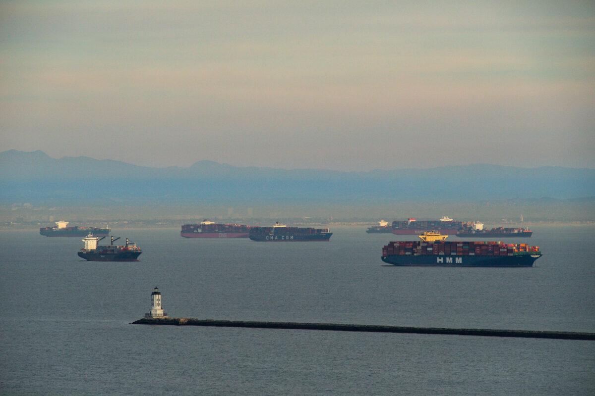 Ships wait to come ashore at the Port of Los Angeles, in Long Beach, Calif., on Jan. 12, 2021. (John Fredricks/The Epoch Times)