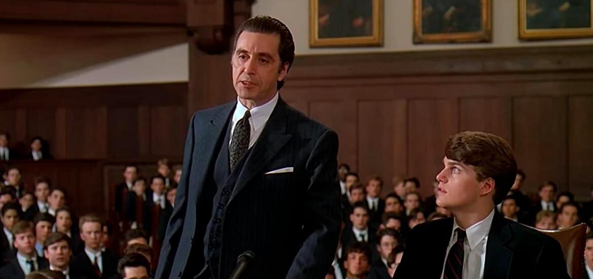 Lt. Col. Frank Slade (Al Pacino, L) gives Baird prep school faculty and students a thunderous, galvanizing, shaming tongue-lashing while Charlie Simms (Chris O'Donnell) looks on in awe, never having had someone stand up for him like that before, in "Scent of a Woman." (Universal Pictures)