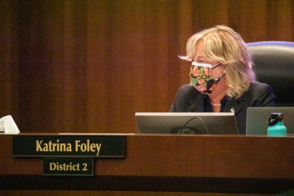 Orange County Board of Supervisor Katrina Foley listens to Orange County residents at a meeting in Santa Ana, Calif., on Aug. 10, 2021. (John Fredricks/The Epoch Times)