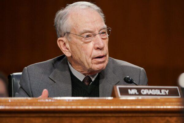 Sen. Chuck Grassley (R-Iowa) speaks during a congressional hearing in Washington on Feb. 24, 2021. (Greg Nash/Pool/AFP via Getty Images)