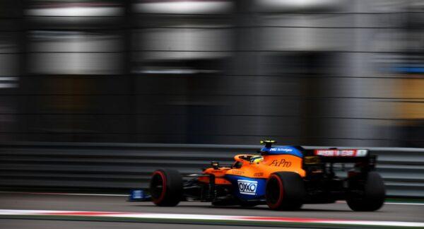 Lando Norris of Great Britain driving the (4) McLaren F1 Team MCL35M Mercedes during qualifying ahead of the F1 Grand Prix of Russia at Sochi Autodrom in Sochi, Russia on Sept. 25, 2021. (Rudy Carezzevoli/Getty Images)