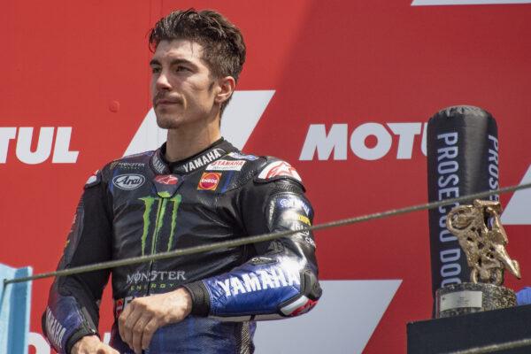 Maverick Viñales of Spain and Monster Energy Yamaha MotoGP Team celebrates second place on the podium during the MotoGP of Netherlands - Race at TT Circuit Assen in the Netherlands on June 27, 2021. (Mirco Lazzari gp/Getty Images)
