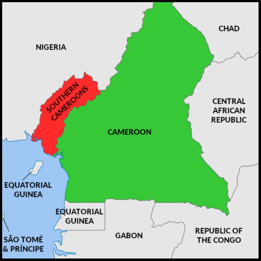 The red area on the map shows the area claimed by the revolutionary government of Ambazonia. (Wikiwand)