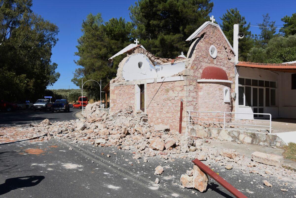 A damaged Greek Orthodox chapel is seen after a strong earthquake in Arcalochori village on the southern island of Crete, Greece, on Sept. 27, 2021. (Harry Nikos/AP Photo)