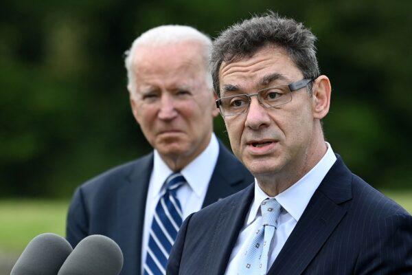 Pfizer CEO Albert Bourla (R) is seen speaking as U.S. President Joe Biden listens, in Carbis Bay, Cornwall, on June 10, 2021. (Brendan Smialowski/AFP via Getty Images)