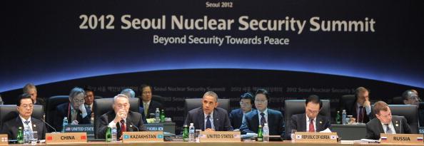 U.S. President Barack Obama (C) speaks as China's leader Hu Jintao (L), Kazakhstan's President Nursultan Nazarbayev (2nd L), South Korea's President Lee Myung-bak (2nd R), and Russian President Dmitry Medvedev (R) listen at the start of the first plenary session of the 2012 Nuclear Security Summit at the COEX Center in Seoul on March 27, 2012. World leaders attend the two-day summit, which is aimed at curbing the threat of nuclear terrorism. (Jewel Samad/AFP via Getty Images)