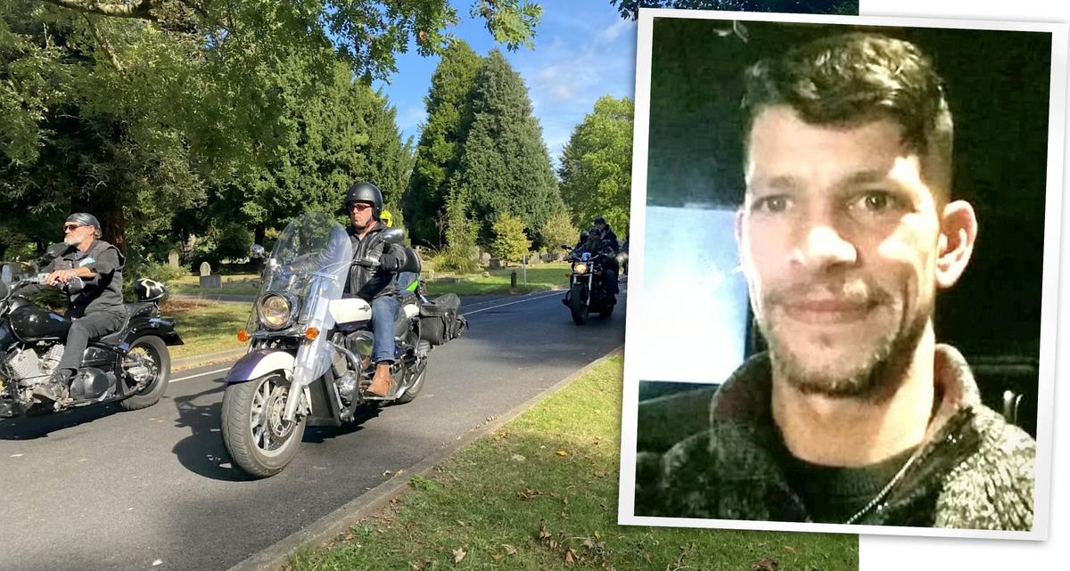 Nick Bennell's coffin being escorted to his funeral at Astwood Cemetery by dozens of bikers; (Inset) A photo of the late father of two, Nick Bennell, 35, from Bromsgrove, Worcestershire. (SWNS)