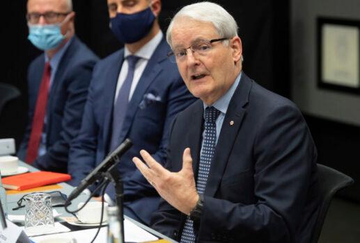 Foreign Affairs Minister Marc Garneau speaks during a meeting with U.S. Secretary of State Antony Blinken at the Harpa Concert Hall in Reykjavik, Iceland, on May 19, 2021. (Pool Photo via AP/Saul Loeb)