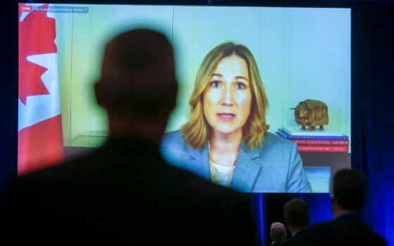 Canada's Ambassador to the United States Kirsten Hillman speaks via video link at the Global Business Forum in Banff, Alta., on Sept. 24, 2020. (The Canadian Press/Jeff McIntosh)