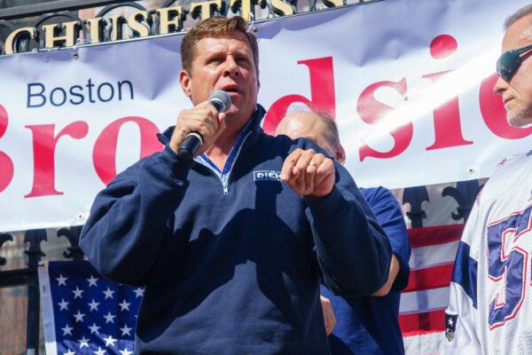Geoff Diehl, a Republican candidate for governor of Massachusetts, spoke at the rally in front of the Massachusetts State House on Sept. 26. (Learner Liu/The Epoch Times)