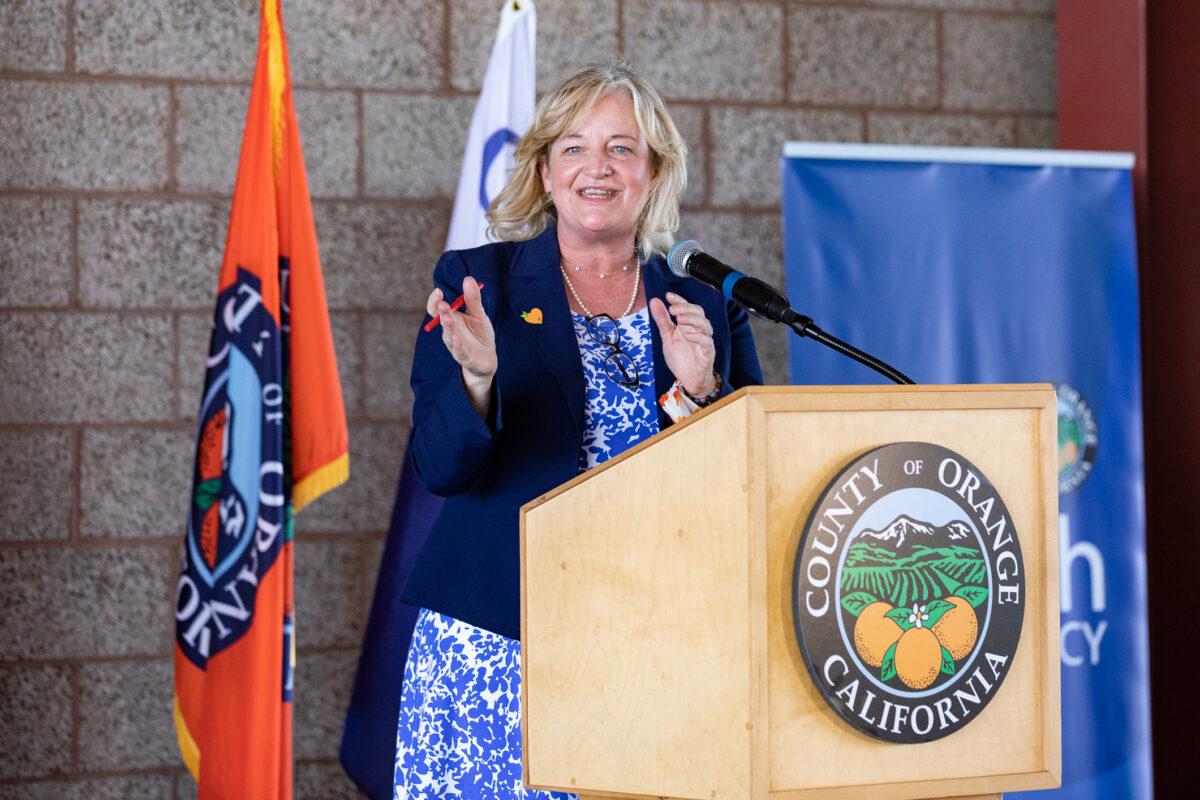 Orange County Supervisor Katrina Foley speaks at a press conference at the Orange County Fairgrounds in Costa Mesa, Calif., on March 31, 2021. (John Fredricks/The Epoch Times)