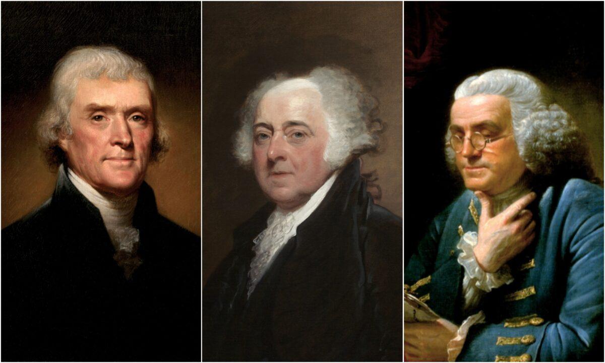 Founding Fathers, Thomas Jefferson (L), John Adams (C), and Benjamin Franklin (R). (Public domain)