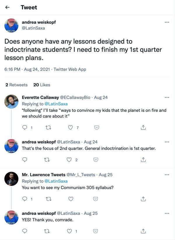Loudoun County Public School teacher Andrea Weiskopf posted a tweet asking for lesson plans “designed to indoctrinate students” on Aug. 24, 2021. (Screenshot via The Epoch Times)