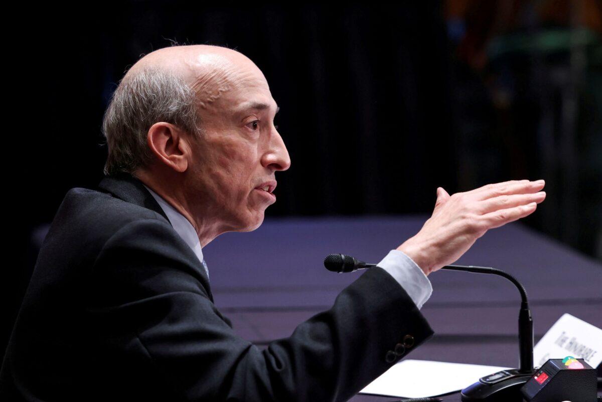 Securities and Exchange Commission (SEC) Chair Gary Gensler testifies before a Senate Banking, Housing, and Urban Affairs Committee oversight hearing on the SEC on Capitol Hill on Sept. 14, 2021. (Evelyn Hockstein/Pool/Reuters)