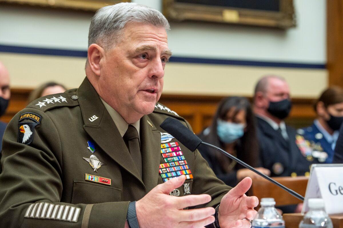 Chairman of the Joint Chiefs of Staff Gen. Mark Milley testifies during a congressional hearing at the U.S. Capitol in Washington on Sept. 29, 2021. (Rod Lamkey/Pool/Getty Images)
