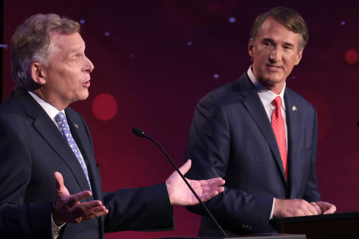 Former Virginia Gov. Terry McAuliffe (L) debates Republican gubernatorial candidate Glenn Youngkin in Alexandria, Va., on Sept. 28, 2021. (Win McNamee/Getty Images)