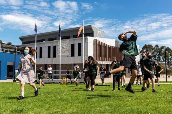 Students take part in an outdoor class at Melba Secondary College in Melbourne, Australia, on Oct. 12, 2020. (Daniel Pockett/Getty Images)