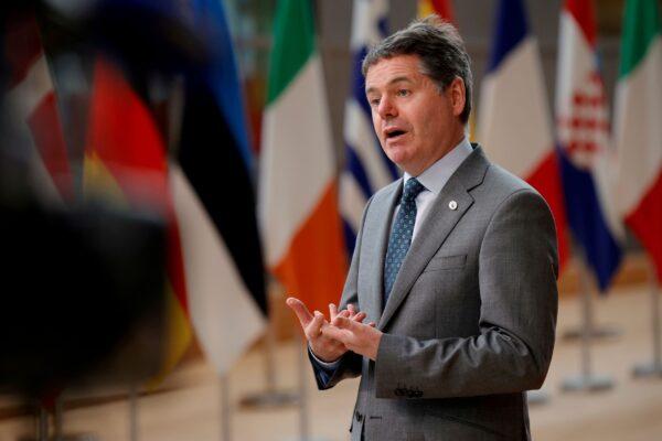 Eurogroup President Paschal Donohoe talks to journalists as he arrives for the second day of an EU summit at the European Council building in Brussels, Belgium on June 25, 2021. (Olivier Matthys/Pool via Reuters)