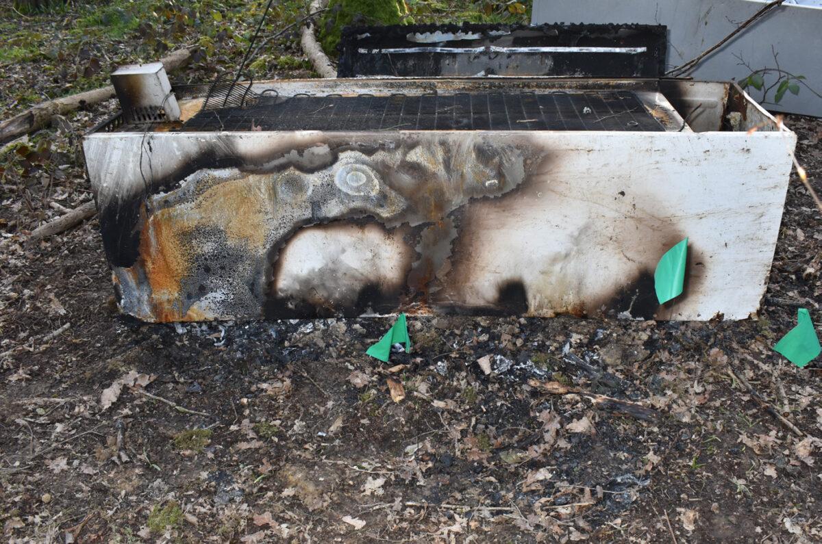Undated handout photo issued by the Metropolitan Police of a fire-damaged fridge found near to where the body of Sarah Everard was found. (Metropolitan Police/Handout via PA)