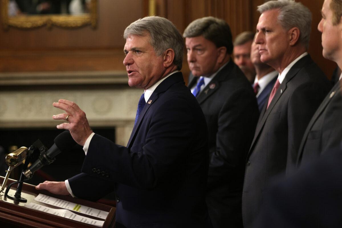 U.S. Rep. Michael McCaul (R-Texas) (L) speaks as House Minority Leader Rep. Kevin McCarthy (R-Calif.) (R) and House GOP veterans of the military listen during a news conference at the U.S. Capitol in Washington, on Aug. 31, 2021. (Alex Wong/Getty Images)