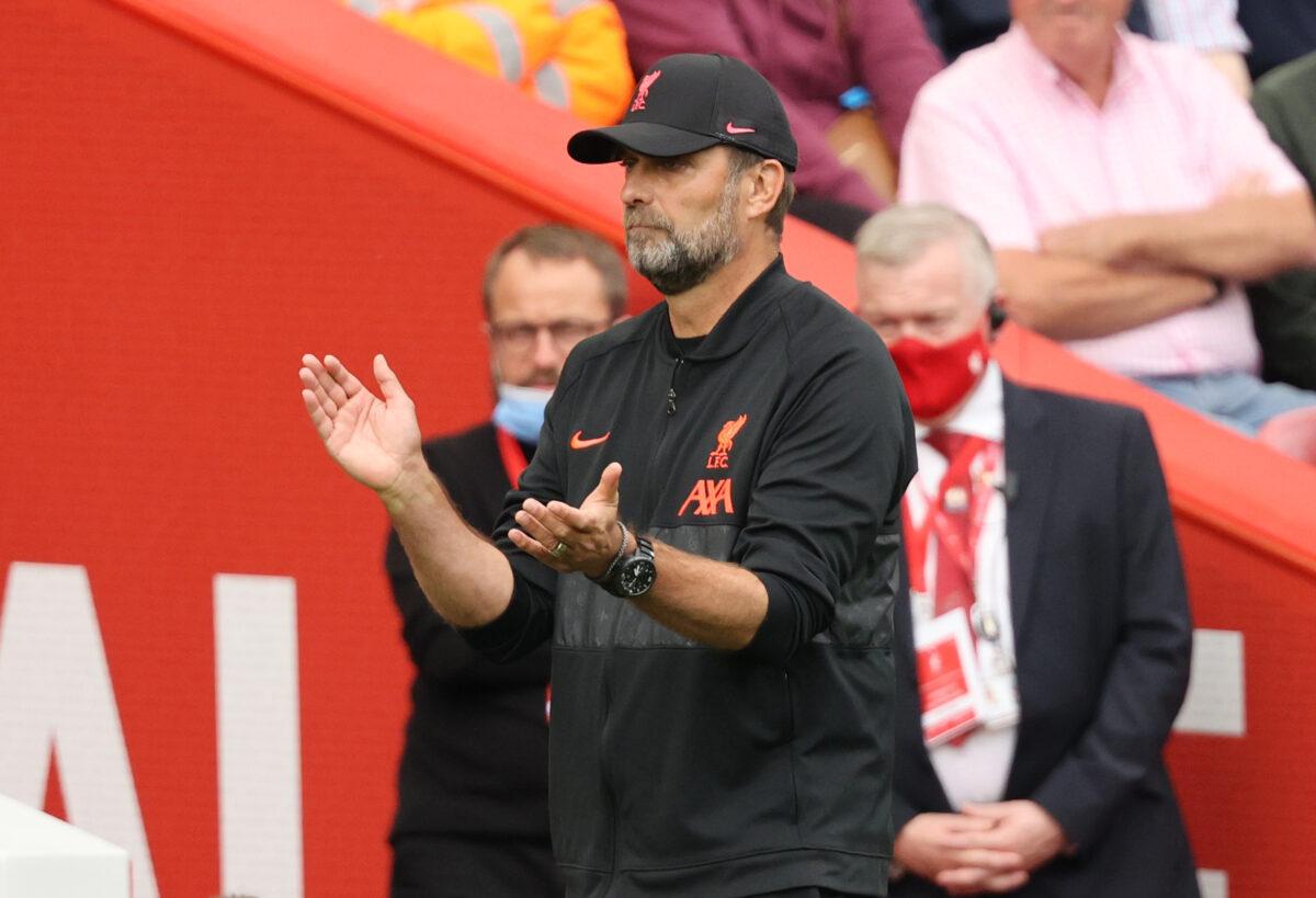 Jurgen Klopp, Manager of Liverpool reacts during the Premier League match between Liverpool and Crystal Palace at Anfield in Liverpool, England, on Sept. 18, 2021. (Clive Brunskill/Getty Images)