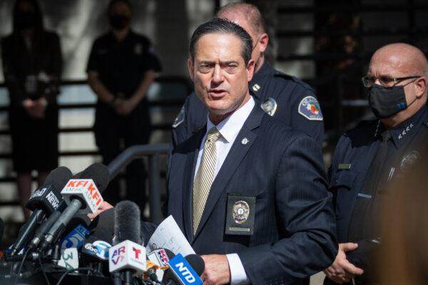 District Attorney Todd Spitzer speaks at a press conference in Orange, Calif., on April 1, 2021. (John Fredricks/The Epoch Times)