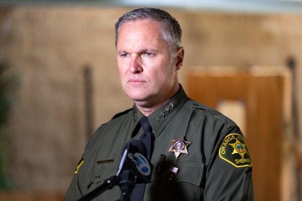 Sheriff Don Barnes speaks to reporters at the Orange County Sheriff's Department Law Enforcement Shooting Range in Orange, Calif., on March 30, 2021. (John Fredricks/The Epoch Times)